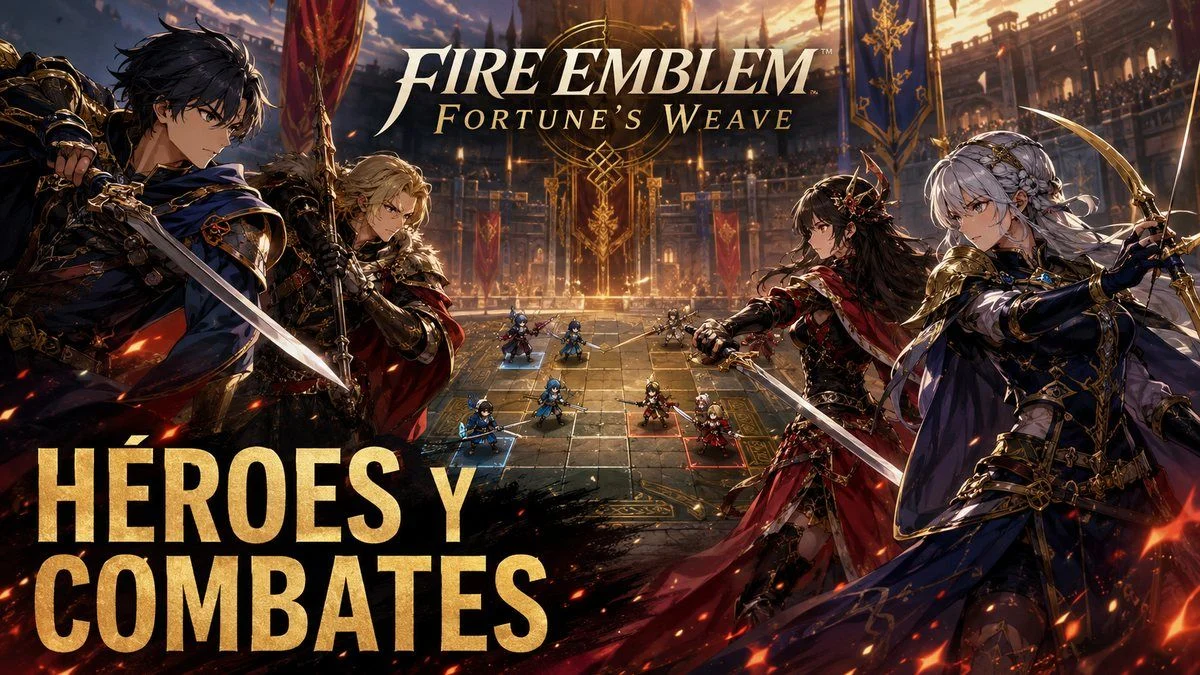 Los cuatro protagonistas de Fire Emblem Fortune’s Weave junto a una batalla táctica durante los Juegos Heroicos