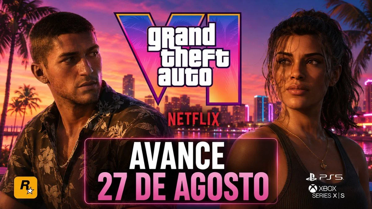 Jason y Lucia junto al logotipo de GTA VI en una portada sobre el avance del 27 de agosto en Netflix.