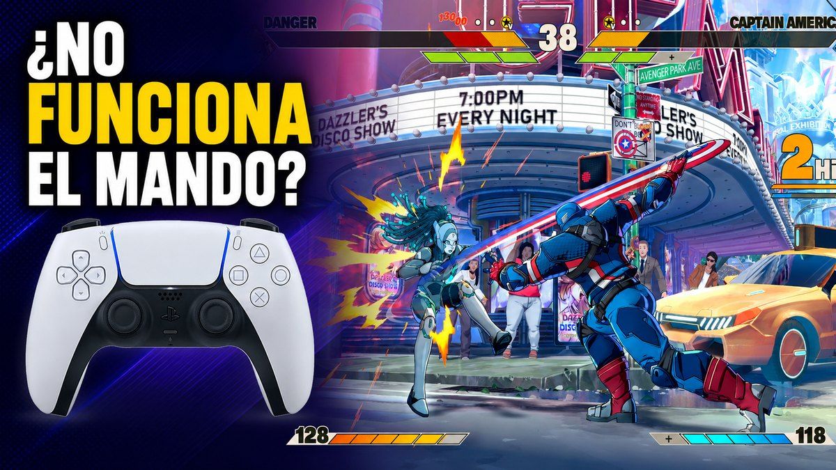 DualSense junto a una captura oficial de MARVEL Tōkon: Fighting Souls para una guía sobre problemas de mando en PC
