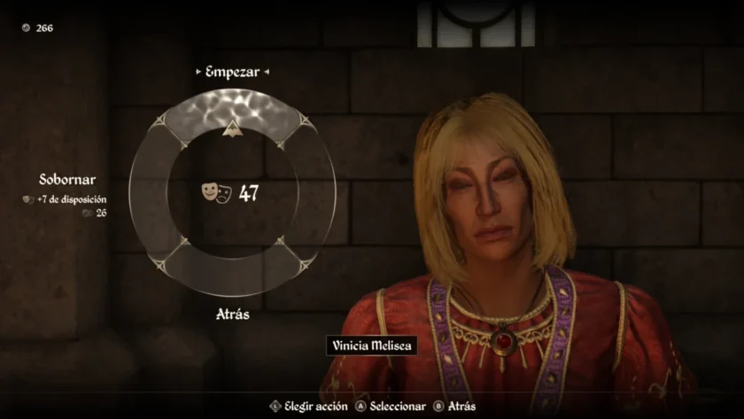 Opción de Sobornar y Disposición de Vinicia Melissaeia en Oblivion Remastered.