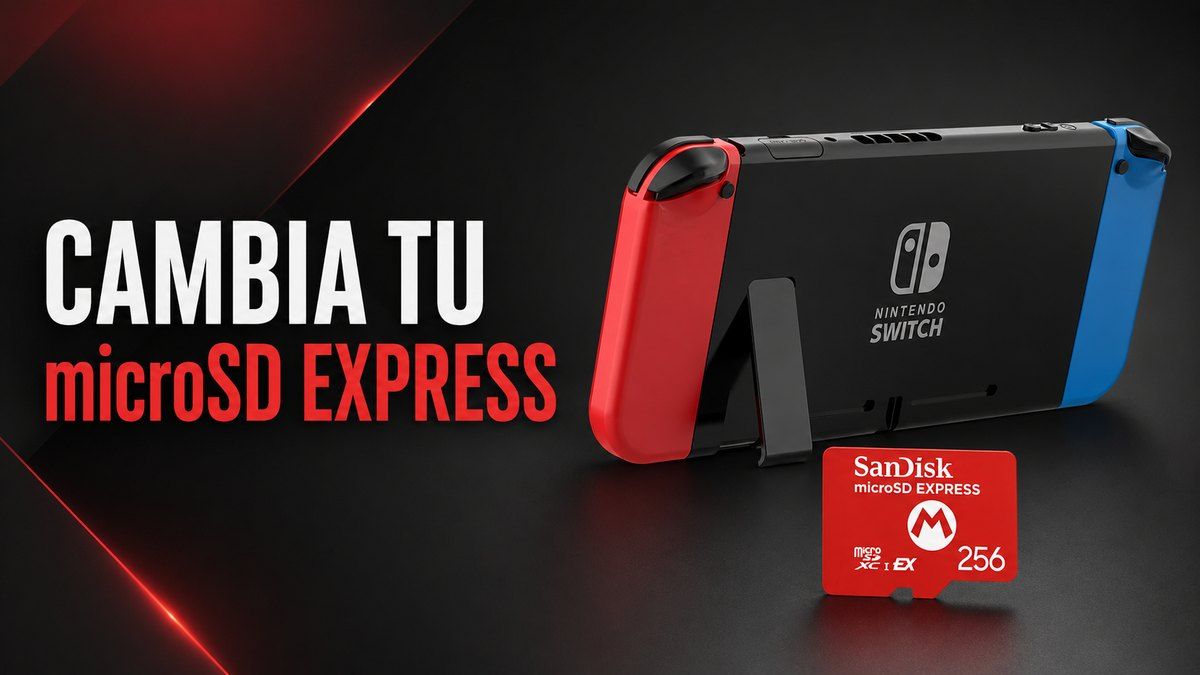 Nintendo Switch 2 junto a una tarjeta microSD Express para una guía sobre cómo cambiar el almacenamiento.