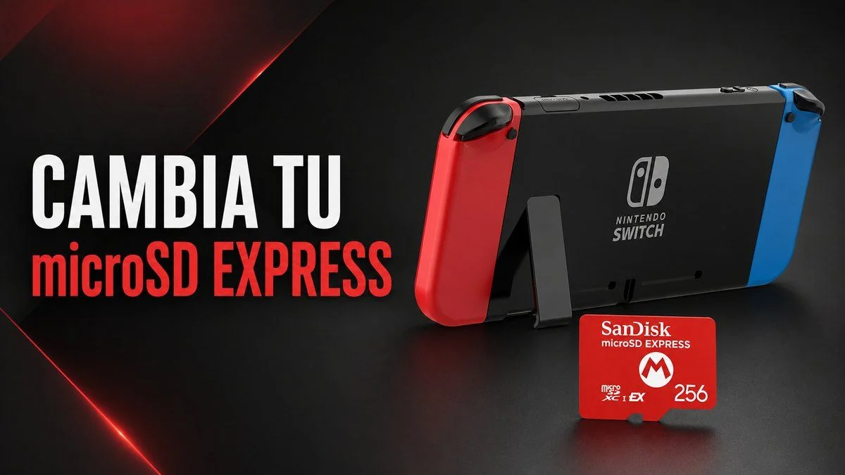 Nintendo Switch 2 junto a una tarjeta microSD Express para una guía sobre cómo cambiar el almacenamiento.