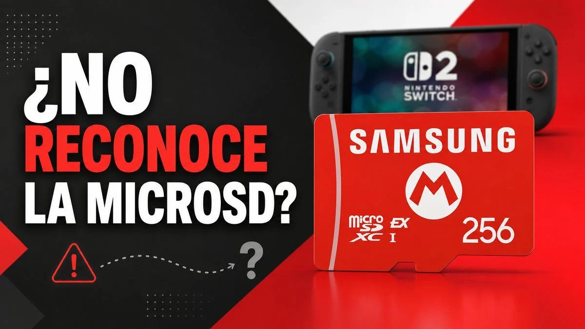 Tarjeta microSD Express junto a Nintendo Switch 2 en una guía sobre problemas de detección y soluciones.