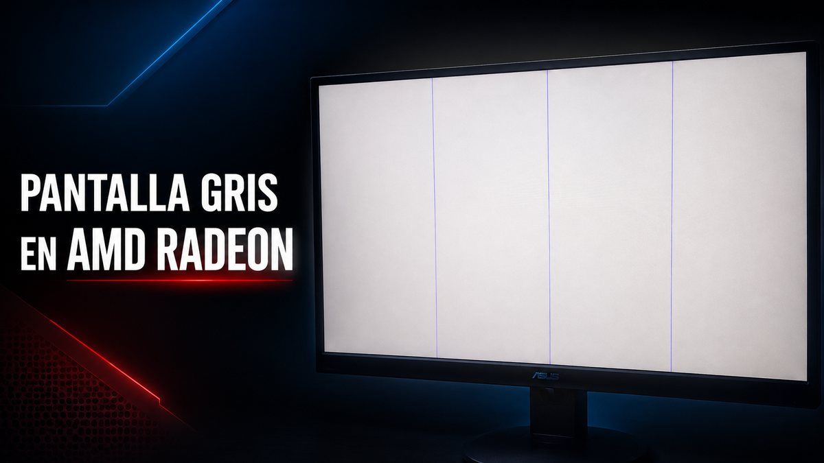 Pantalla gris con líneas azules verticales durante un fallo gráfico en un PC con AMD Radeon