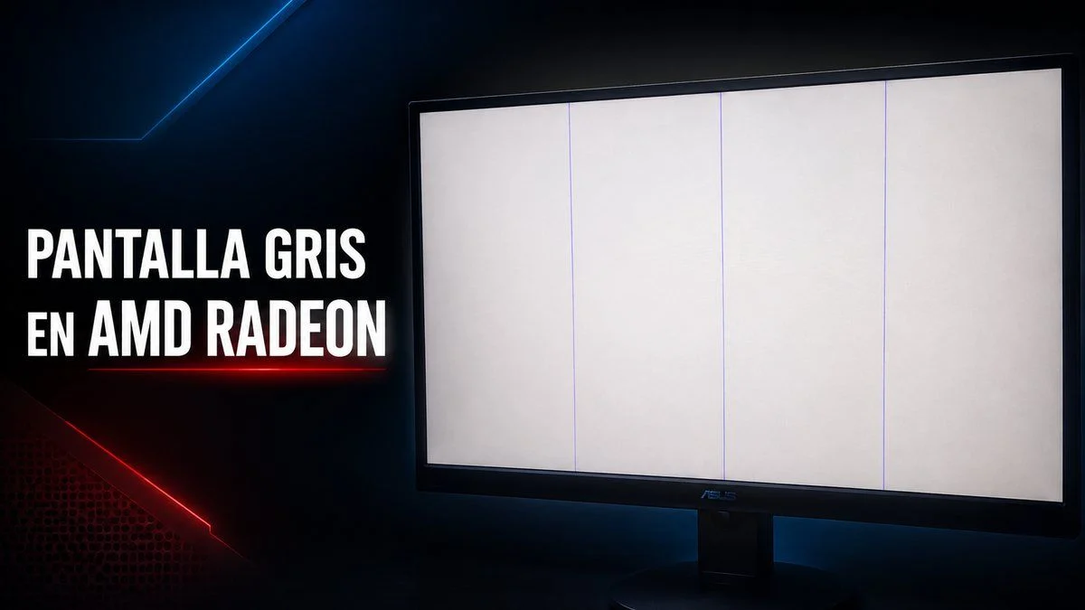 Pantalla gris con líneas azules verticales durante un fallo gráfico en un PC con AMD Radeon
