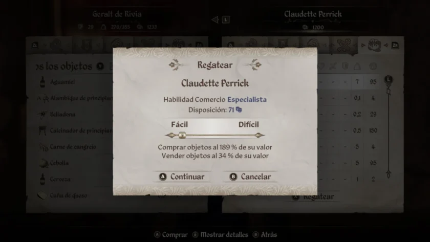 Pantalla de Regateo con Disposición y porcentajes de compra y venta en Oblivion Remastered.