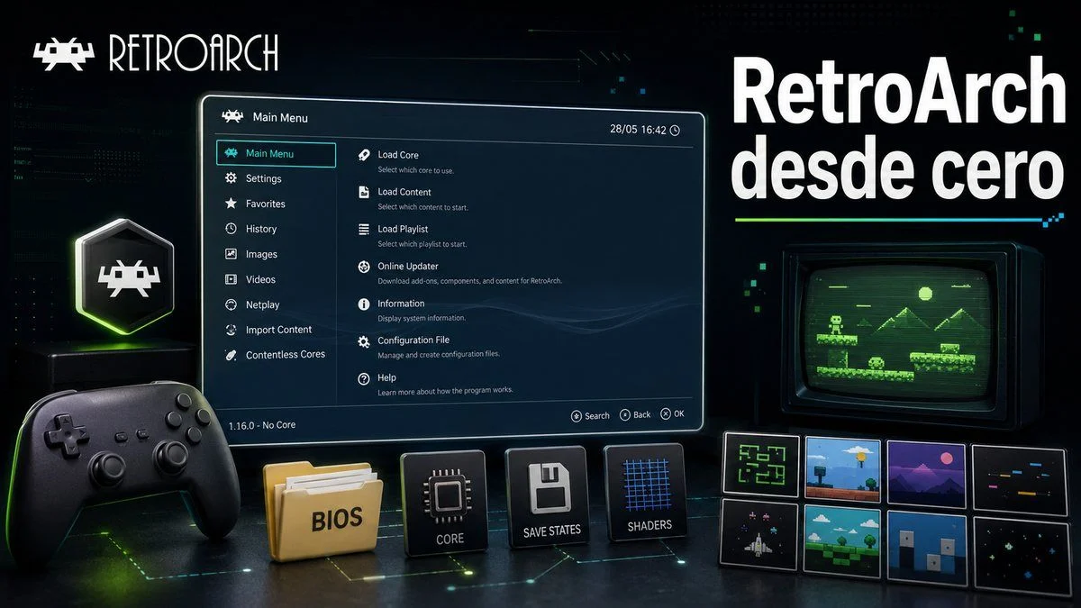 RetroArch siendo configurado en un pc con la guia