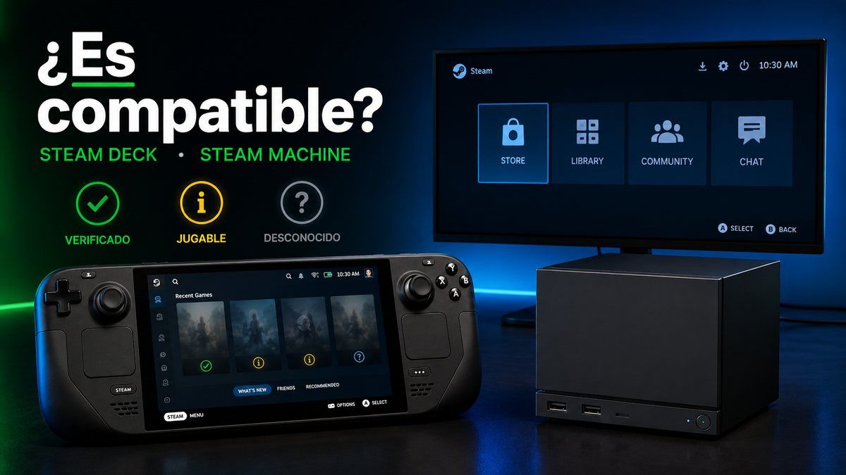 Steam Deck y Steam Machine junto a varios indicadores de compatibilidad de juegos de Steam.