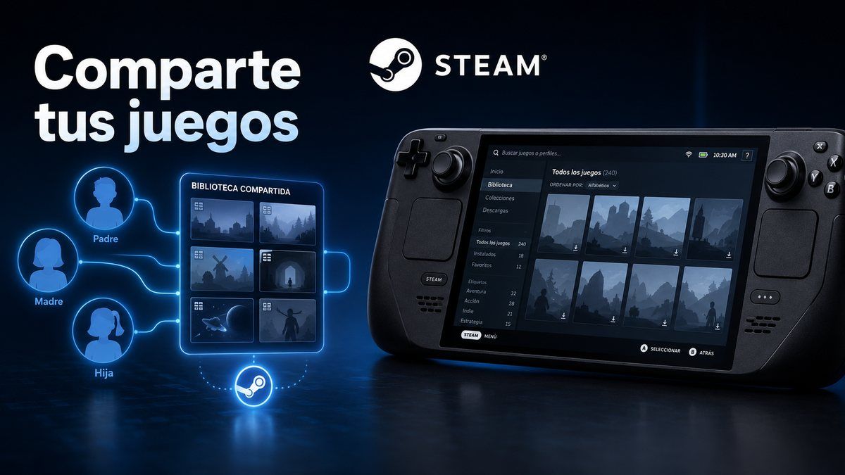 Steam Deck y varias cuentas conectadas a una biblioteca compartida mediante Familias de Steam.
