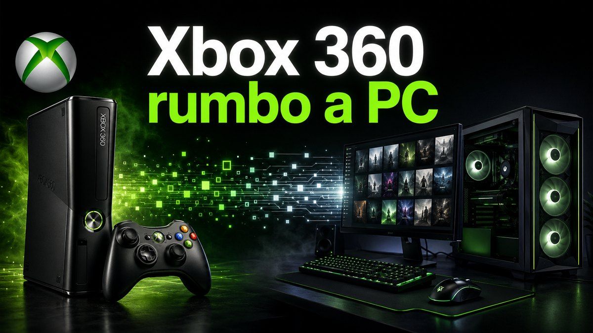 Consola Xbox 360 junto a un PC gaming en una composición sobre la posible llegada de juegos clásicos de Xbox a ordenador.