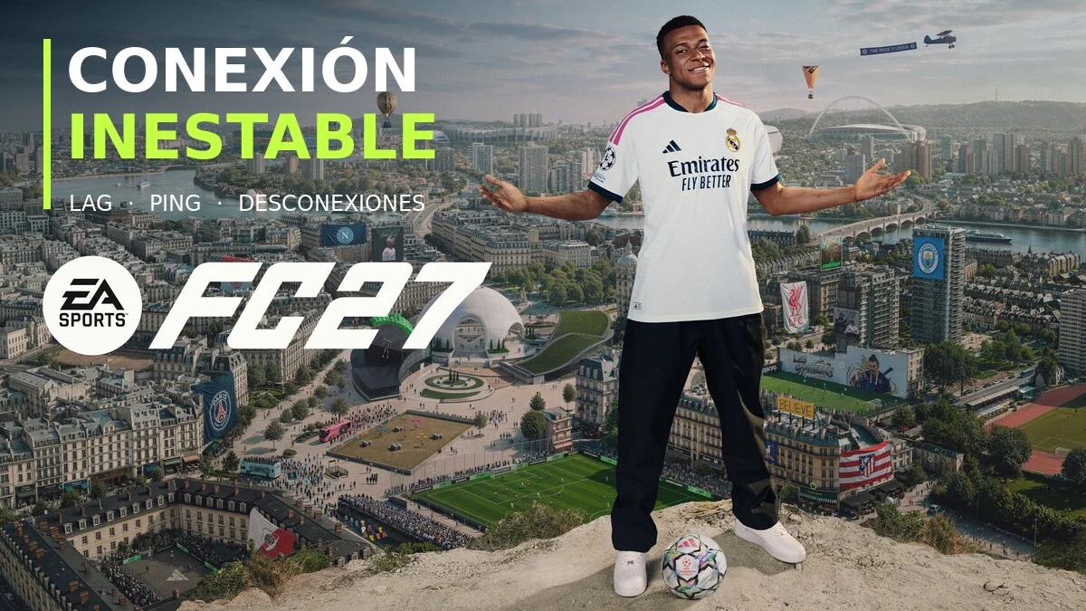 Kylian Mbappé en el arte oficial de FC 27 con un titular sobre conexión inestable, lag y ping.