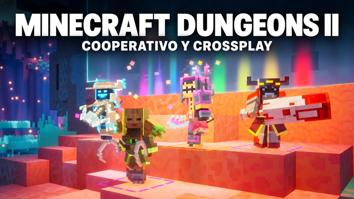 Cuatro héroes de Minecraft Dungeons II con el título Cooperativo y crossplay.