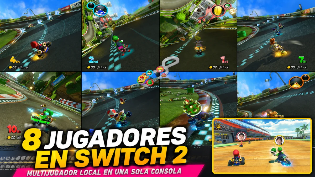 Mario Kart 8 Deluxe en Switch 2 con multijugador local para hasta ocho jugadores.