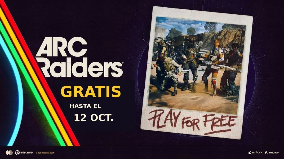 Arte oficial de ARC Raiders con varios personajes y el anuncio de acceso gratuito hasta el 12 de octubre.