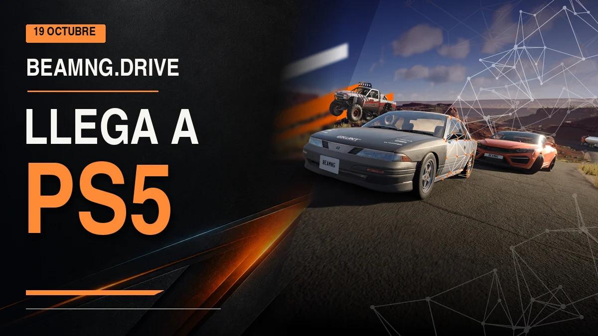 Arte oficial de BeamNG.drive con varios vehículos y el texto Llega a PS5, 19 de octubre.