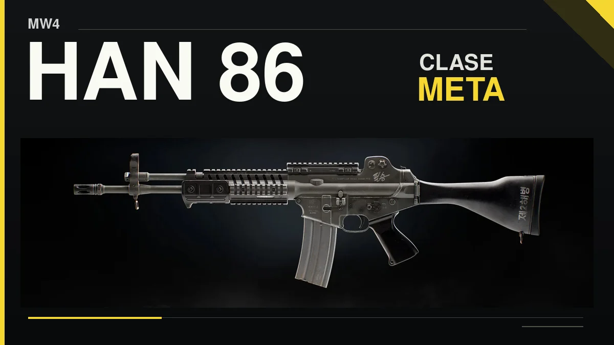 Fusil HAN 86 de Modern Warfare 4 en una portada con el texto HAN 86, clase meta.