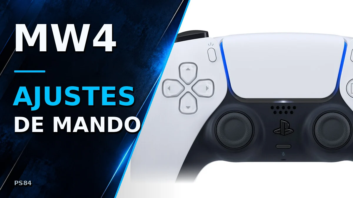 Detalle de un mando DualSense en una composición editorial con el texto «MW4: ajustes de mando».