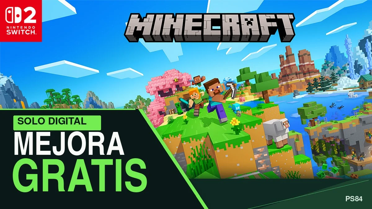 Arte oficial de Minecraft para Nintendo Switch 2 con el titular Mejora gratis y la indicación Solo digital.