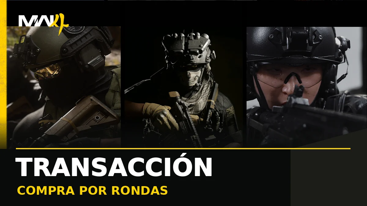 Material oficial de Modern Warfare 4 con el titular editorial Transacción: compra por rondas.