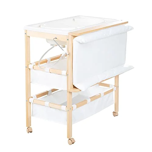 roba Mueble Cambiador con Bañera Plegable 2 en 1 + Colchón Blanco Acolchado / Impermeable + 2 Compartimentos, para Bebés desde el Nacimiento, Madera Natural