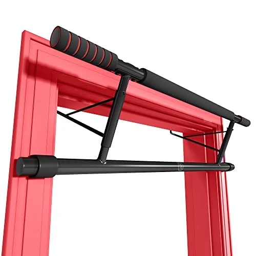 Barra de dominadas para marco de la puerta sin tornillos/taladro + guía de entrenamiento - Barra de tracción profesional con empuñaduras acolchadas - Extra ancha para fijación en puertas en casa