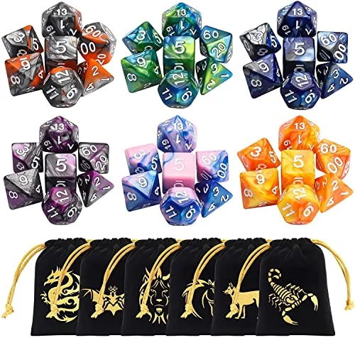CiaraQ Poliédrico Dados, 6 x 7 (42 Piezas) Colores Dobles Dados de Juego para Dungeons and Dragons DND RPG MTG D20 D12 D10 D8 D6 D4 de Mesa Juegos de Cartas con Paquete de 6 Negro Bolsas