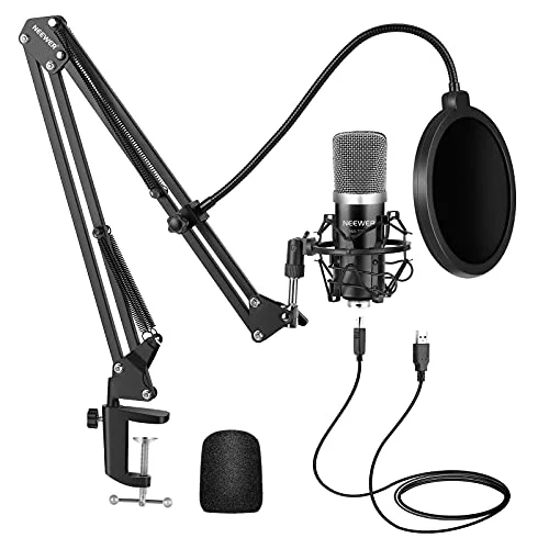 Neewer USB Micrófono para Windows y Mac con Soporte de Brazo de Tijera de Suspensión, Montaje de Choque, Filtro de Pop, Cable USB y Kit de Abrazadera de Montaje de Mesa para Radiodifusión (Negro)