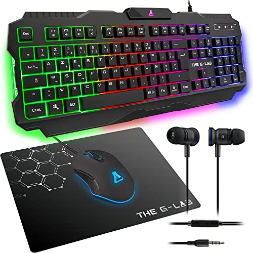 THE G-LAB Combo HELIUM 4 en 1 Gaming Bundle - Teclado Gaming QWERTY – Incluye Ñ - Retroiluminado, Ratón Gaming de 2400 DPI, Auriculares in-ear, Alfombrilla de Ratón Antideslizante – PC PS4 Xbox One