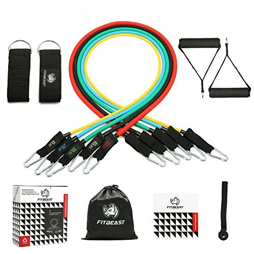 FitBeast Set de Bandas de Resistencia para Bandas para Entrenamiento 11PC con Tubos Resistentes, Manijas de Hule Espuma, Correa para Tobillos, Anclaje para Puerta para Gimnasio hasta 150 Libras