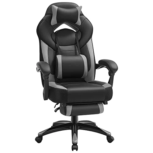 SONGMICS Silla Gaming, Silla de Oficina, Ordenador, Diseño Ergonómico, con Reposapiés, Reposacabezas Ajustable, Cojín Lumbar, Capacidad de Carga 150 kg, Gris y Negro OBG77BG