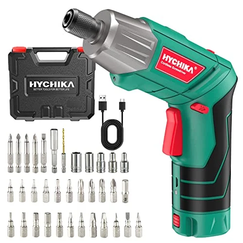 HYCHIKA Atornillador Eléctrico 6Nm, Destornillador Eléctrico (Máximo Par 6 N.m, 3.6V, 2.0Ah) LED Luz como Linterna, Cable USB, 35 Accesorios, Estuche portátil, Para Reparaciones en El Hogar