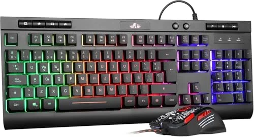 Rii RK900+ Gaming Combo de Teclado y Ratón con Cable, Gran tamaño, Sensación mecánica, Retroiluminación LED Multicolor, Layout Español (Extra Grande)