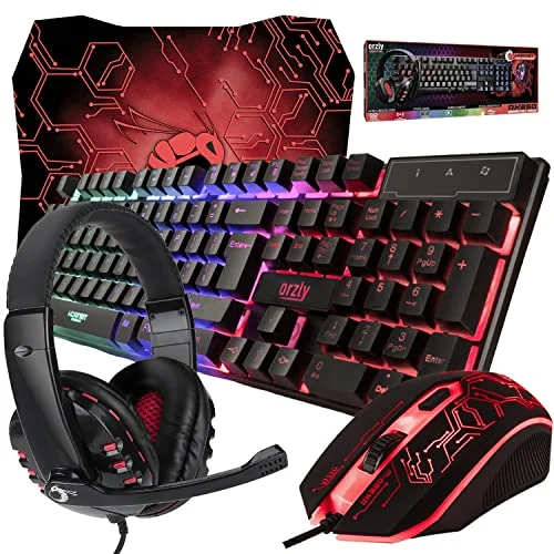 Orzly Teclado y Raton Gaming - Combo Ratón y Teclado USB [RGB LED Retroiluminación], Cascos Gamer, Alfombrilla de Ratón - Para Usuarios PC, Xbox y PS4 [Hornet RX250]