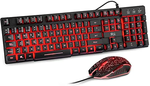 Rii RK108 Packs de Teclado y Ratón Gaming, Combo de Teclado y Ratón Avanzado Silencioso Tamaño Completo con USB Cable para Computadora Portátil, PC, QWERTY Español (ES-RK108)