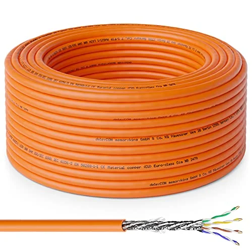 deleyCON 30m CAT.7 Cable de Instalación Cobre Rígido S/FTP PIMF, de Red LAN Ethernet Cable de Datos Gigabit CAT7 10Gbit 1000MHz LSZH Libre de Halógenos DoP - Certificado GHMT, Naranja, para Servidor