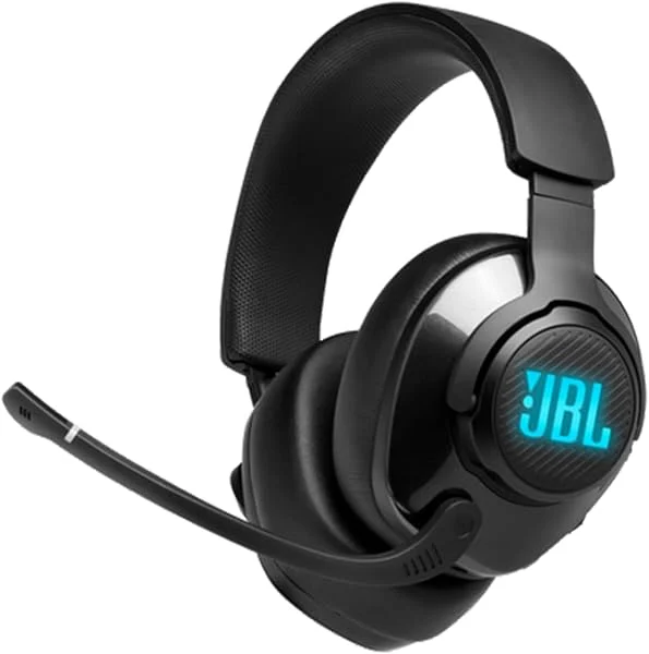 JBL Quantum 400 Auriculares para gamers con un diseño llamativo, tecnología de virtualización surround y reproducción DTS, con micrófono y RGB, compatible con múltiples plataformas, en negro