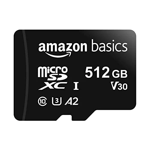 Amazon Basics MicroSDXC, 512 GB, con Adaptador SD, A2, U3, velocidad de lectura hasta 100 MB/s, , Negro