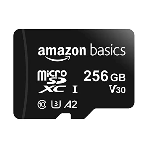 Amazon Basics MicroSDXC, 256 GB, con Adaptador SD, A2, U3, velocidad de lectura hasta 100 MB/s, Negro