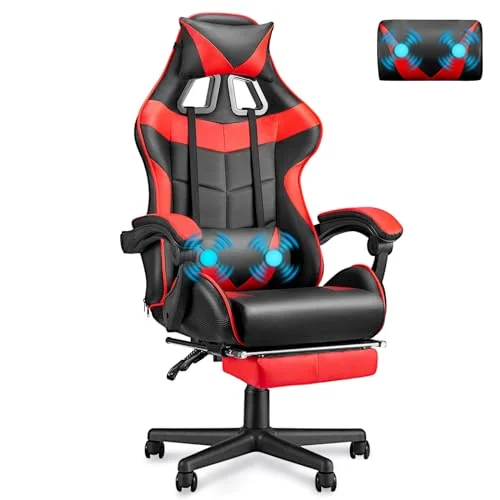 Soontrans Silla Gaming con Masajeador, Silla Gamer con Reposapiés Reposacabeza, Ergonómica, Cojín Lumbar de Masaje, Sillas Gaming para Gaming Livesteam Youtube Playstation (Rojo)