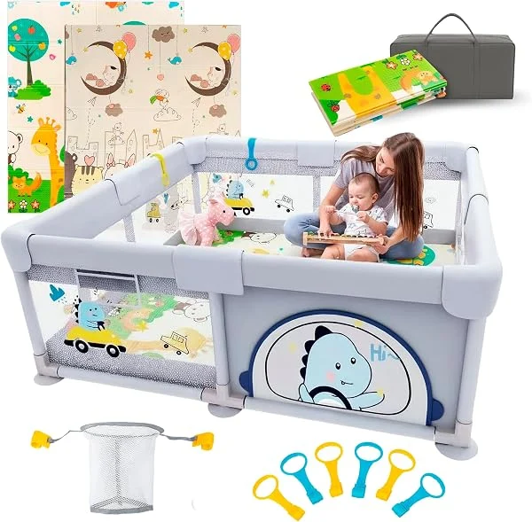 PARVULI Parque Infantil Bebe 150x180cm con Alfombra Acolchada + 6 Agarraderas + Canasta + Bolsa — Corralito Bebe para Casa, Malla Transpirable, Vallas con Protecciones — Baby Playpen