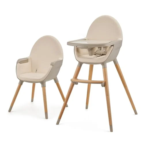 kk Kinderkraft FINI 2 Trona bebé 2 en 1, Silla Infantil, Trona portatil, Patas de Madera, Bandeja Ajustable, Fácil de limpiar, para niños, Beige