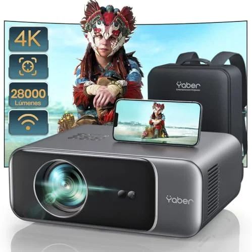 【Auto Focus/Keystone】Proyector 4K WiFi6 Bluetooth, 28000 Lúmenes YABER Proyector Full HD 1080P Nativo Proyector 4K Soporte, Proyector Portátil Cine en Casa/Exterior para Movil/PC/TV Stick/PS5 HDMI USB