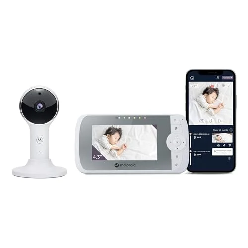 Motorola Nursery Baby Monitor VM64 Vigilabebés con vídeo WiFi de 4,3' con cámara, Aplicación para smartphone, soporte magnético, largo alcance, audio bidireccional, zoom digital