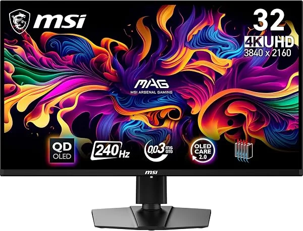 MSI mag 321UPX QD-OLED Monitor Gaming, 31,5\" 4K UHD, 3840 x 2160 Quantum Dot OLED Panel, 240Hz / 0.03ms, 99% DCI-P3, ΔE≤2, DisplayHDR True Black 400, DP 1.4a, HDMI 2.1, USB Type-C