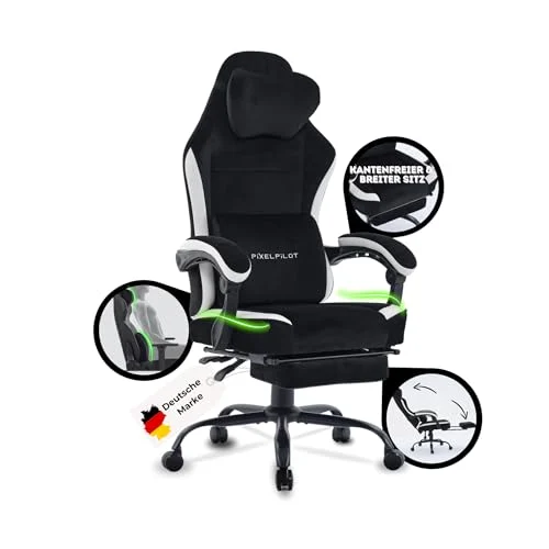 PixelPilot® Silla ergonómica para videojuegos [tela transpirable] Silla con reposapiés, soporte para la cabeza y lumbar, silla de PC para gamer [asiento ancho] Silla de oficina 150 kg de capacidad de