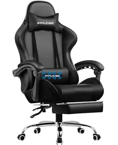 GTPLAYER Silla Gaming con Masajeador Ergonómica Silla Gamer con Reposapiés Reposacabeza, Silla de Oficina Ergonómica, Soporte Lumbar, Silla Juego Ajustable en Altura, Negro
