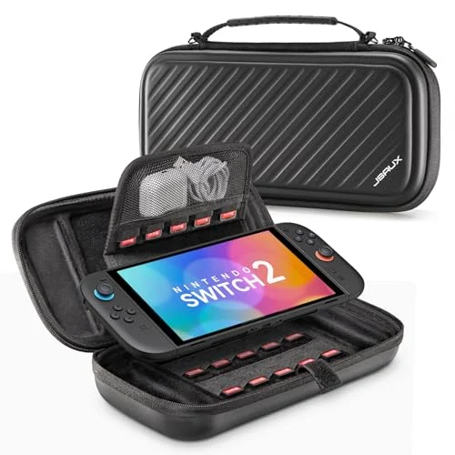 JSAUX Funda de Transporte Compatible con Nintendo Switch 2 2025, Funda Protectora Rígida con 15 Ranuras para Tarjetas de Juego, Bolsa de Viaje Portátil para la Consola Switch 2 y Accesorios, Negro