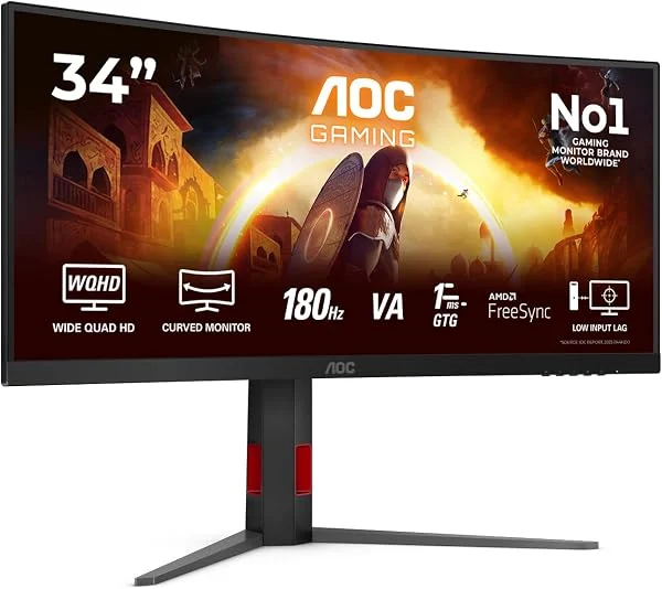 AOC CU34G4 Gaming Monitor 34 Pulgadas 180Hz Panel Fast VA, 1ms GtG, HDR10, Altura Ajustable, (3440x1440 HDMI 2X 2.0 DP 1x 1.4) Negro