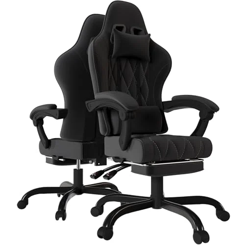 Devoko Silla Gaming de Tela, Sillas de Oficina Ergonómica con Masajeador, Cadeira Gamer con tapicería de muelles, con reposacabezas, reposapies, Ruedas, Regulable en Altura. Negro