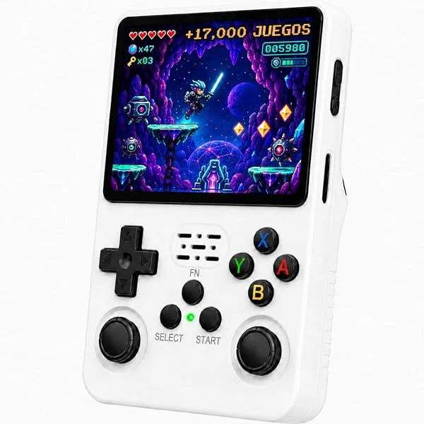 Consola Retro Portatil con 20.000 Juegos - Versión 2025- Mini Consola Arcade - Juegos de PS1, PSP, N64, NDS, SuperN, GameB, GBA, NeoG, etc. - Pantall HD 3.5' 640 * 480 - Rechace Imitaciones (Blanco)